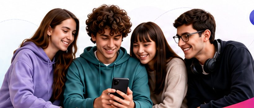 Un gruppo di ragazzi vicini guarda insieme uno smartphone